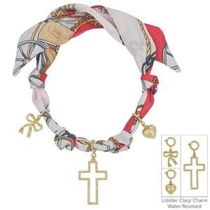 Red White Knotted Scarf Necklace with Heart, Cross, and Bow Charms Game Day